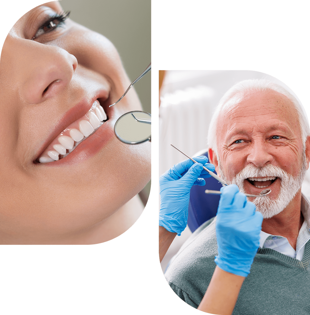Close-up of a woman smiling with a dental mirror, alongside an older man with a beard receiving a dental check-up from a gloved dentist.