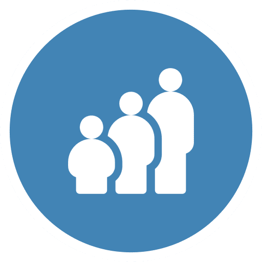Three white silhouettes representing people of different heights are arranged in a row on a blue circular background.