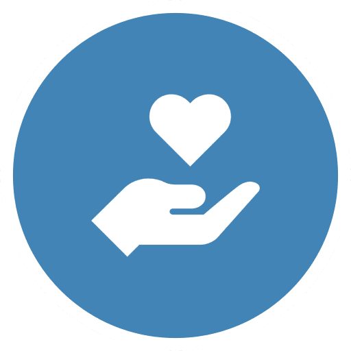 A white hand and heart icon on a blue circular background, symbolizing care or kindness.